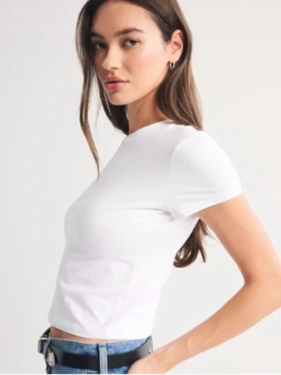 NWT Abercrombie White Baby Tee XL | Cropped Slim Fit SoftAF Cotton Essential Top - Picture 3 of 4